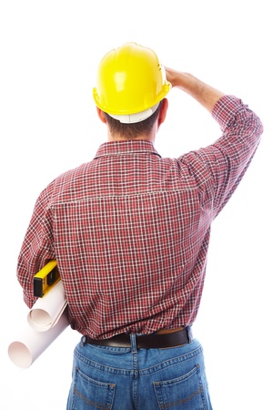 man-builder is back and looking forward shielding handの写真素材