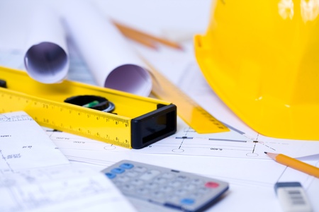 Close-up of various tools for construction and architecture  の写真素材