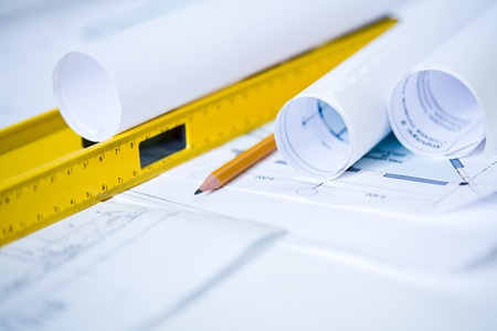 Close-up of  draft and tools for engineering の写真素材