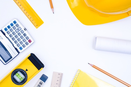 Close-up of various tools for construction and architecture  の写真素材