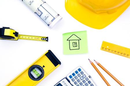 Close-up of various tools for construction and architecture  の写真素材