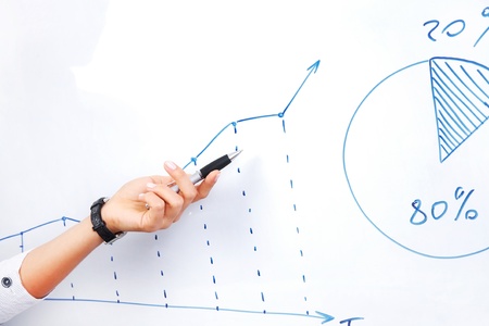 Women's hand shows the growth line on chart の写真素材