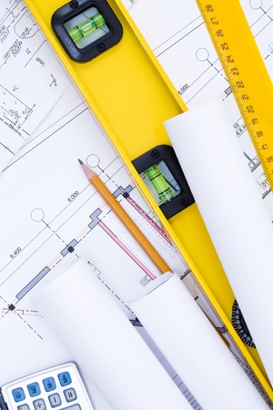 Close-up of various tools for construction and architectureの写真素材