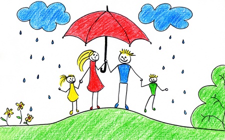 Children's drawing of happy family with umbrellas in autumn time の写真素材