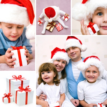 collage on the theme of Christmas: Christmas, family, kids, giftsの写真素材