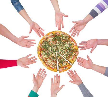 human hands reaching out for a delicious hot pizza on isolated backgroundの写真素材