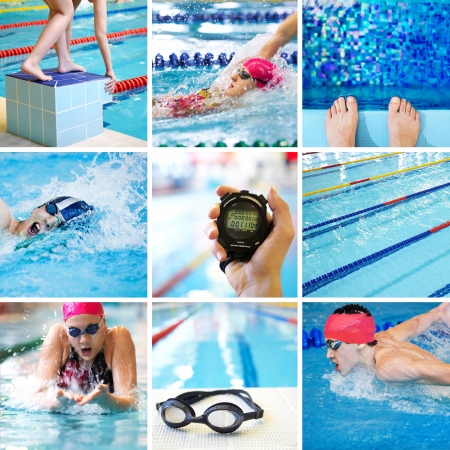 Collage of images on the theme of competitive swimming in the poolの写真素材