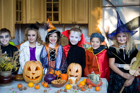 children curve faces in fairy costume on holiday halloweenの写真素材