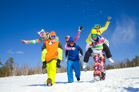 group of friends have a good time in winter resortの写真素材