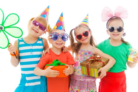 Portrait of group of children at birthday partyの写真素材