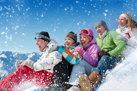 Portrait of Group of  teenagers have a good time in winterの写真素材
