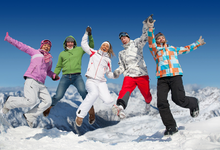 Portrait of Group of  teenagers have a good time in winterの写真素材