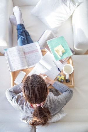 teenager schoolgirl  doing homework lessons at homeの写真素材