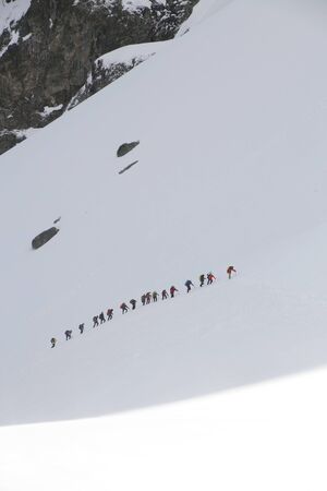 large group of mountaineers with backpacks goes along the snowy slope of the mountain