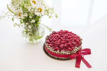 delicious homemade fresh raspberry festive cakeの写真素材