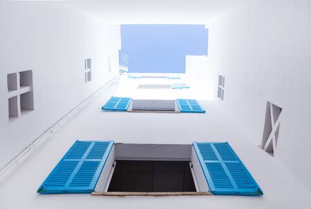 abstract view of the white walls of the house from an unusual angleの写真素材