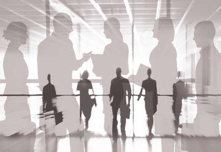 Collage from silhouettes of group businesspeople comunications background business office