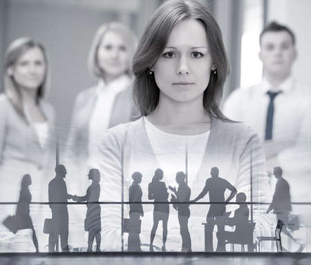 Collage from silhouettes of group businesspeople comunications background business officeの写真素材