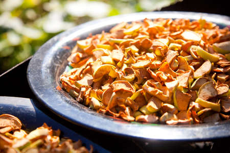 plate with pieces of dried apple in the sunlightの写真素材
