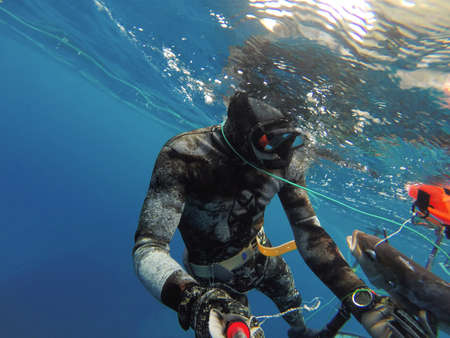 spearfisher swims on the surface of the sea after diving with fishの写真素材