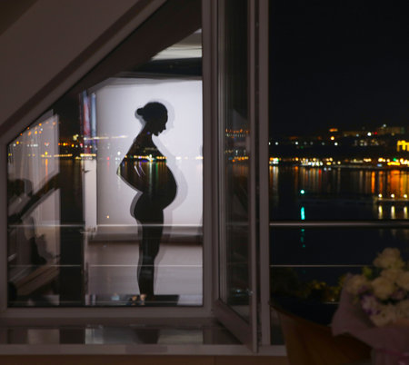 Beautiful silhouette of a young pregnant woman reflected in the evening window in the house.の写真素材