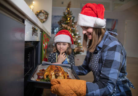 Mom and daughter are preparing the Christmas goose together at homeの写真素材