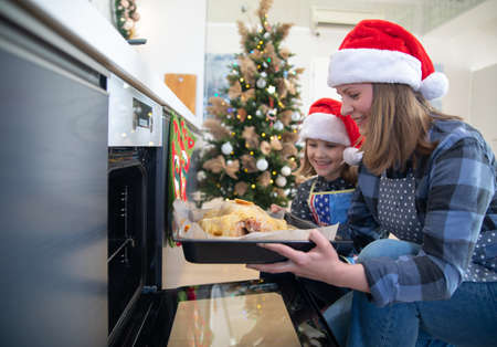Mom and daughter are cooking the Christmas goose together at homeの写真素材