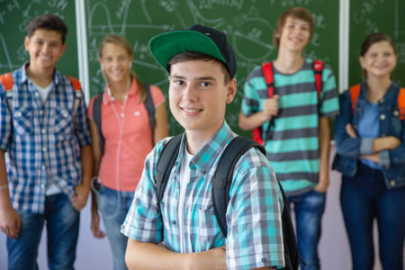 Portrait of a group of students at the desk in the school