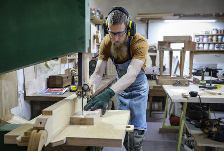 Professional carpenter sawing boards on a saw cutter in his workshop