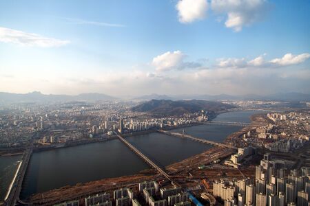 Seoul aerial cityscape panorama with riverの写真素材