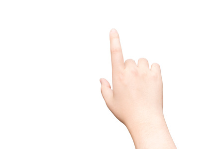 Human hand with one finger touching imaginary tablet on gray backgroundの写真素材