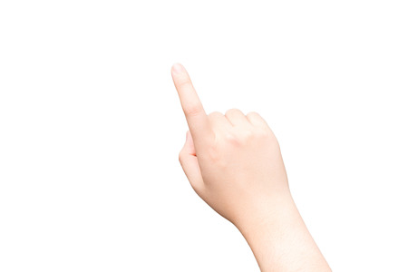 Human hand with one finger touching imaginary tablet の写真素材