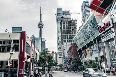 TORONTO, ONTARIO - SEPTEMBER 5: Street view of downtown Toronto, in Toronto, ON, on September 5,...