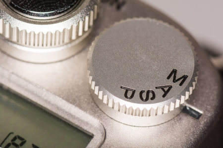 Manual, Aperture priority, shutter priority, and program auto mode dial on a DSLR camera set on Aperture priority mode の写真素材