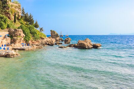 Mediterranean landscape in Antalya. View of the mountains, sea, yachts and beachのeditorial素材