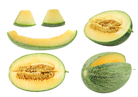 Set of green melon slices isolated on white backgroundの写真素材