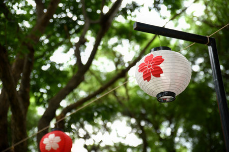 Japanese style white lantern with red flower on blurry green natural background. with space for content.の写真素材