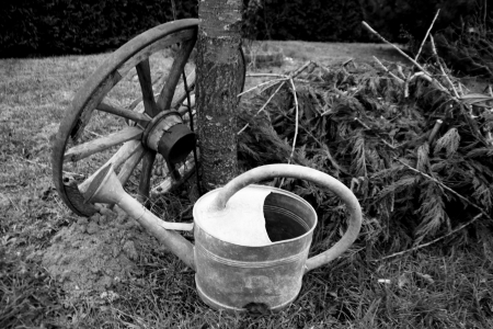 arrosoir et roue ancienneの写真素材