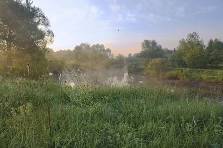 Morning on the river in a fog and sun raysの写真素材
