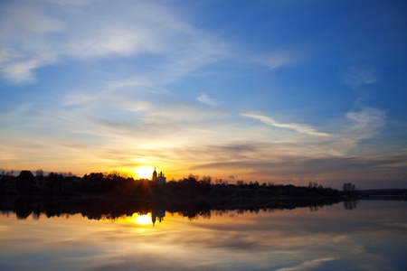 Spring dawn at lakeの写真素材