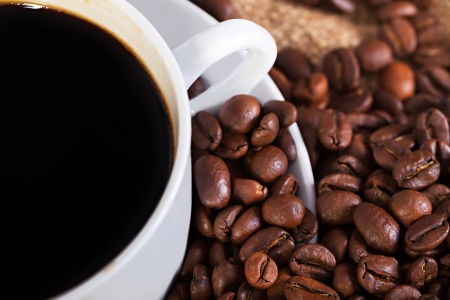cup of hot coffee against coffee beansの写真素材
