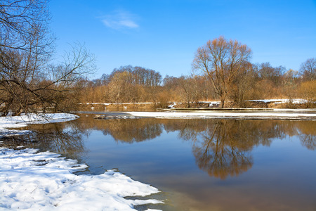 beautiful  spring landscape with the river and the forestの写真素材