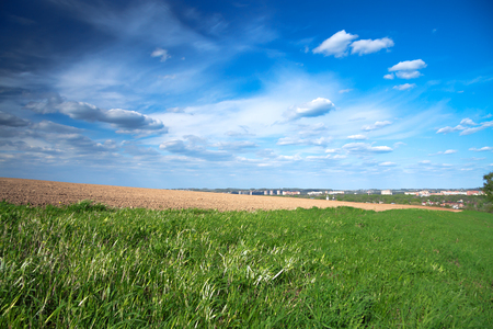 the spring landscape with the city and a fieldの写真素材