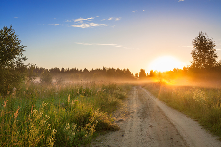 summer rural landscape with  blue sky, fog and the road.  sunriseの写真素材