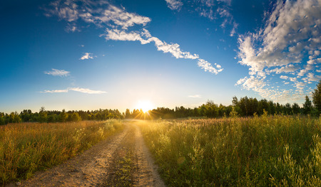 summer rural landscape with sunrise, fog and the road. sky panoramaの写真素材