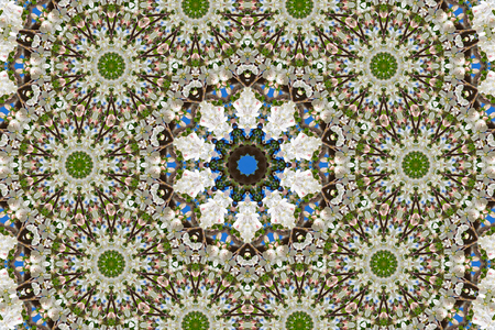 abstract background of floral pattern of a kaleidoscope. white blue green background fractal mandala. abstract kaleidoscopic arabesque. geometrical ornament flower patternの写真素材
