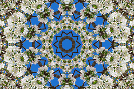 abstract background of floral pattern of a kaleidoscope. white blue green background fractal mandala. abstract kaleidoscopic arabesque. geometrical ornament flower patternの写真素材