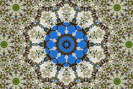 abstract background of floral pattern of a kaleidoscope. white blue green background fractal mandala. abstract kaleidoscopic arabesque. geometrical ornament flower patternの写真素材