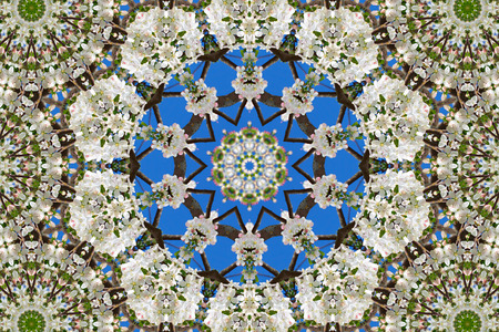 abstract background of floral pattern of a kaleidoscope. white blue green background fractal mandala. abstract kaleidoscopic arabesque. geometrical ornament flower patternの写真素材