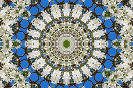 abstract background of floral pattern of a kaleidoscope. white blue green background fractal mandala. abstract kaleidoscopic arabesque. geometrical ornament flower patternの写真素材